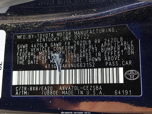 45864790 :رقم المزاد ، 4T1G11AK8NU663152 vin ، 2022 Toyota Camry Se مزاد بيع