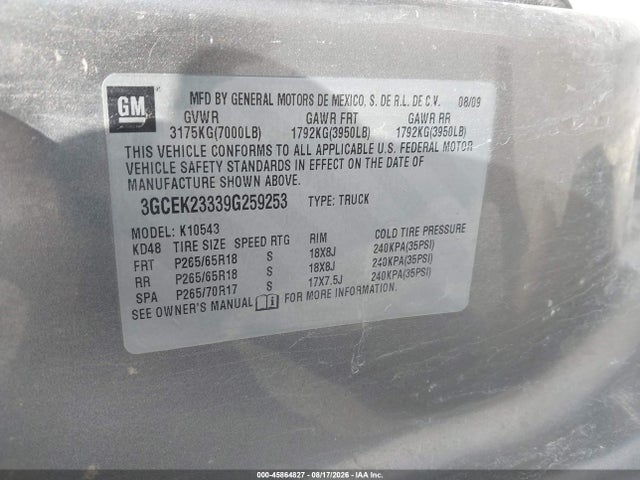 Aukcja sprzedaży 2009 Chevrolet Silverado 1500 Lt, vin: 3GCEK23339G259253, numer aukcji: 45864827