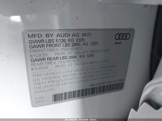 Продаж на аукціоні авто 2021 Audi Q3 Premium 45 Tfsi S Line Quattro Tiptronic, vin: WA1DECF37M1131586, номер лоту: 45864829