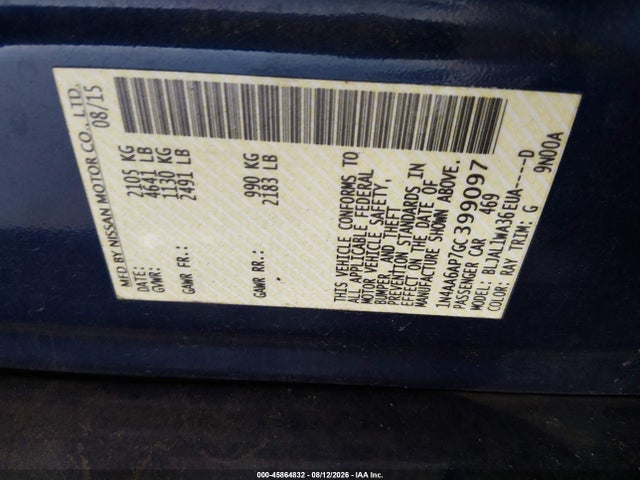 45864832 :رقم المزاد ، 1N4AA6AP7GC399097 vin ، 2016 Nissan Maxima 3.5 Sr مزاد بيع