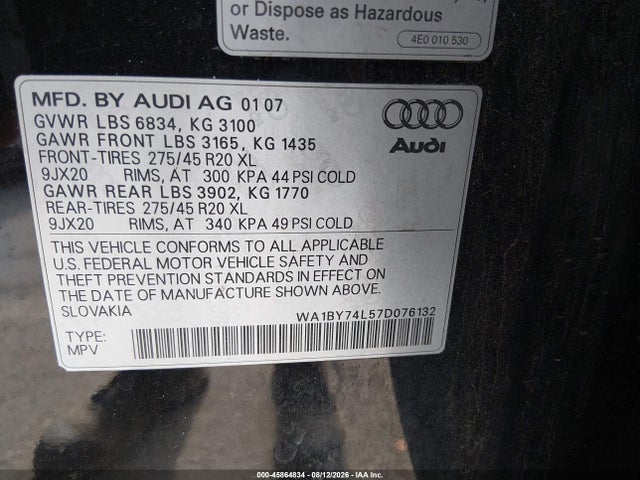 Aukcja sprzedaży 2007 Audi Q7 3.6 Premium, vin: WA1BY74L57D076132, numer aukcji: 45864834