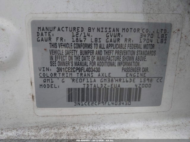 45864837 :رقم المزاد ، 3N1CE2CP9FL403430 vin ، 2015 Nissan Versa Note S (sr)/s Plus/sl/sr/sv مزاد بيع