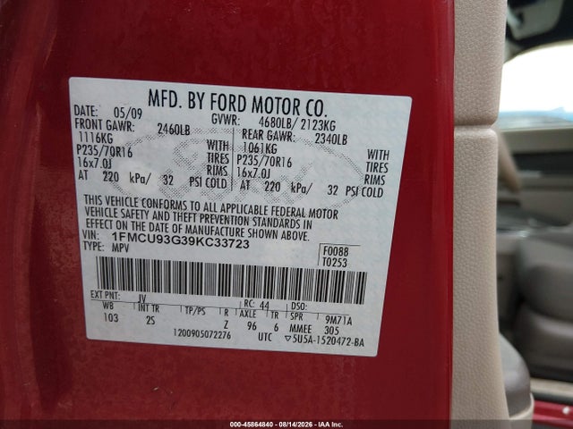 45864840 :رقم المزاد ، 1FMCU93G39KC33723 vin ، 2009 Ford Escape Xlt مزاد بيع