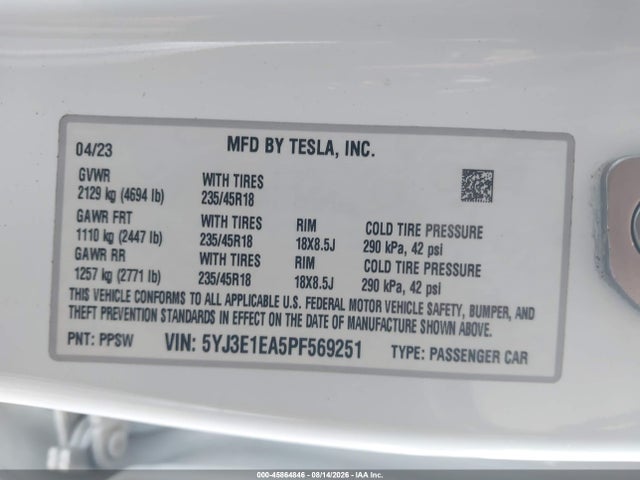 Продаж на аукціоні авто 2023 Tesla Model 3 Rear-wheel Drive, vin: 5YJ3E1EA5PF569251, номер лоту: 45864846
