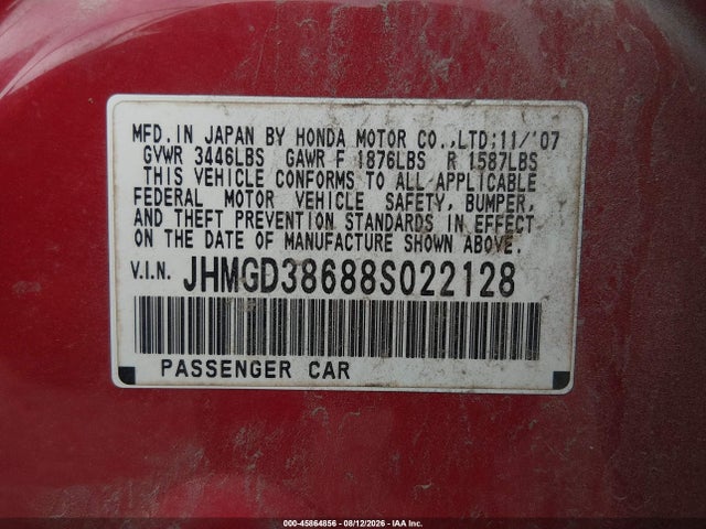Aukcja sprzedaży 2008 Honda Fit Sport, vin: JHMGD38688S022128, numer aukcji: 45864856