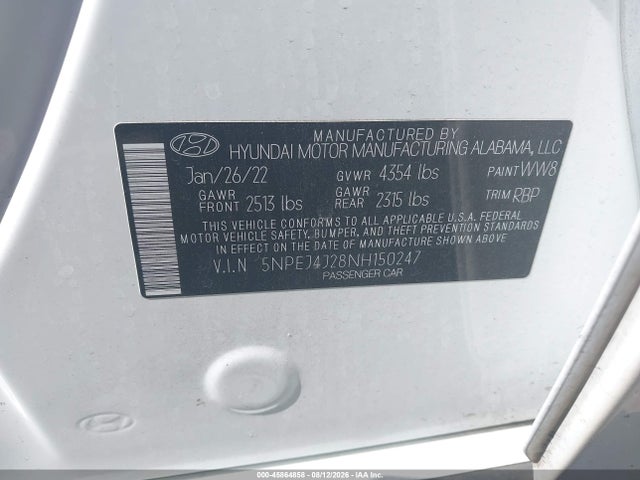 Продажа на аукционе авто 2022 Hyundai Sonata Sel Plus, vin: 5NPEJ4J28NH150247, номер лота: 45864858