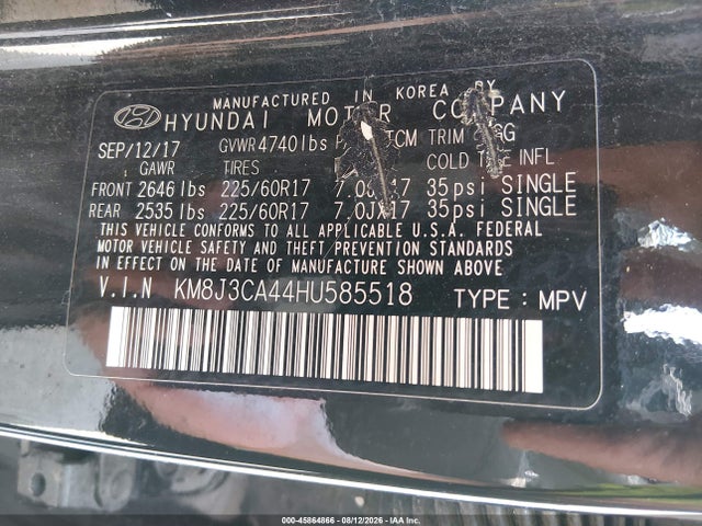 45864866 :رقم المزاد ، KM8J3CA44HU585518 vin ، 2017 Hyundai Tucson Se مزاد بيع