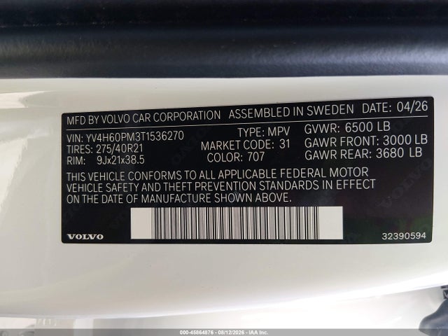Продажа на аукционе авто 2026 Volvo Xc90 Plug-in Hybrid Ultra Dark Theme, T8 Awd, Electric/gasoline, 7 Seats, vin: YV4H60PM3T1536270, номер лота: 45864876