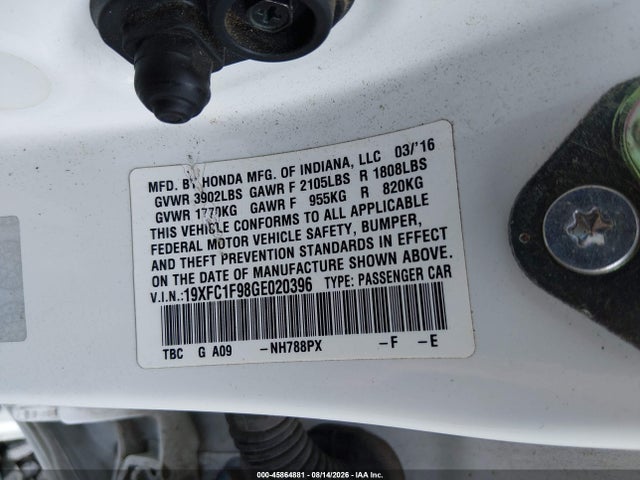 Продаж на аукціоні авто 2016 Honda Civic Touring, vin: 19XFC1F98GE020396, номер лоту: 45864881