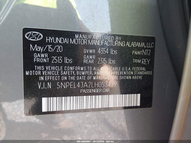 Продаж на аукціоні авто 2020 Hyundai Sonata Sel, vin: 5NPEL4JA2LH053429, номер лоту: 45864887