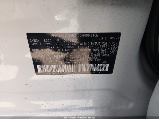 Продаж на аукціоні авто 2021 Subaru Ascent Limited, vin: 4S4WMAPD4M3474210, номер лоту: 45864895