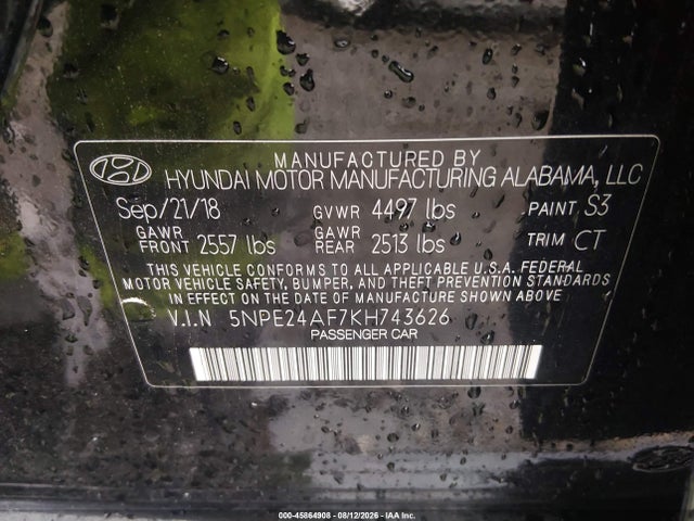 45864908 :رقم المزاد ، 5NPE24AF7KH743626 vin ، 2019 Hyundai Sonata Se مزاد بيع