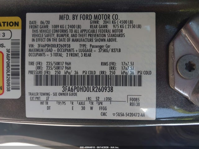 Продаж на аукціоні авто 2020 Ford Fusion Se, vin: 3FA6P0HD0LR260938, номер лоту: 45864910