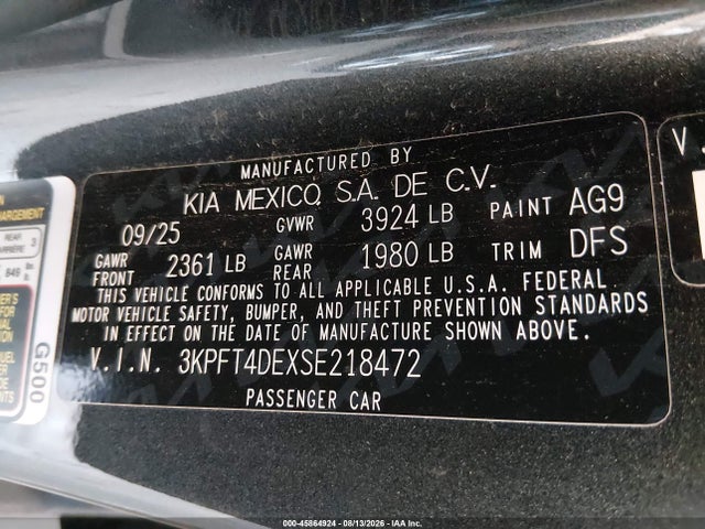 45864924 :رقم المزاد ، 3KPFT4DEXSE218472 vin ، 2025 Kia K4 Lxs مزاد بيع