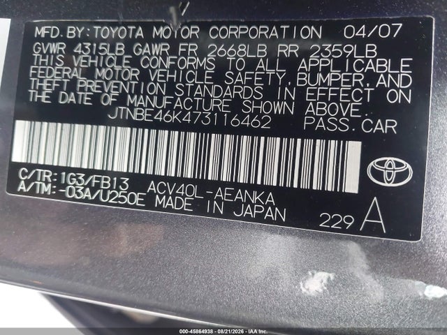 45864938 :رقم المزاد ، JTNBE46K473116462 vin ، 2007 Toyota Camry Le مزاد بيع