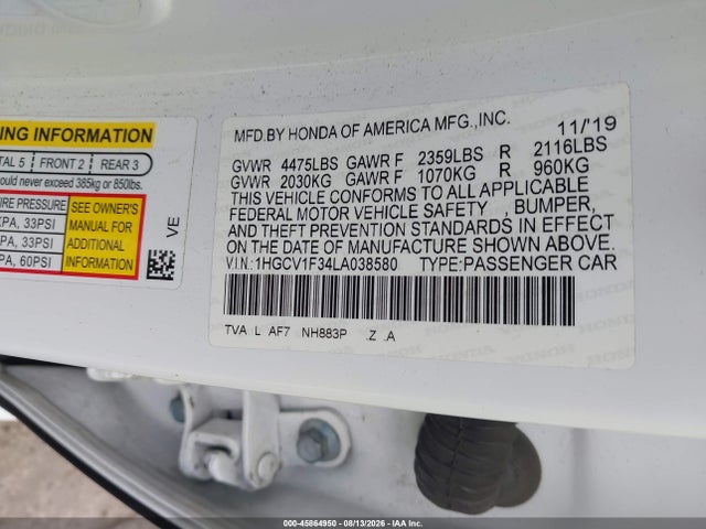 Продажа на аукционе авто 2020 Honda Accord Sport, vin: 1HGCV1F34LA038580, номер лота: 45864950