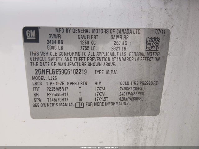 45864955 :رقم المزاد ، 2GNFLGE59C6102219 vin ، 2012 Chevrolet Equinox Ltz مزاد بيع