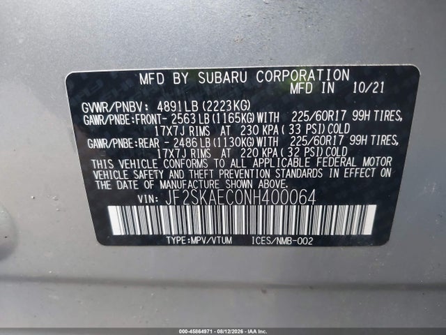 45864971 :رقم المزاد ، JF2SKAEC0NH400064 vin ، 2022 Subaru Forester Premium مزاد بيع