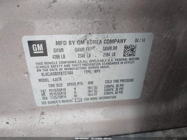 45864987 :رقم المزاد ، KL4CJASB2EB727404 vin ، 2014 Buick Encore مزاد بيع