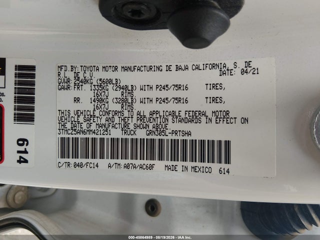 Продажа на аукционе авто 2021 Toyota Tacoma Sr5 V6, vin: 3TMCZ5AN6MM421251, номер лота: 45864989