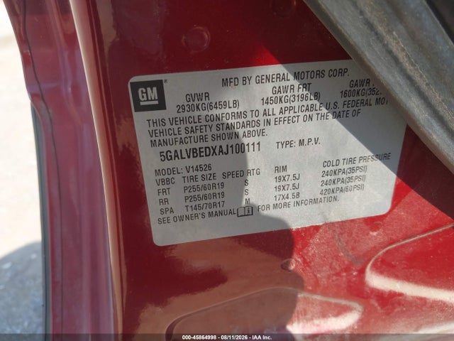 45864998 :رقم المزاد ، 5GALVBEDXAJ100111 vin ، 2010 Buick Enclave 1xl مزاد بيع