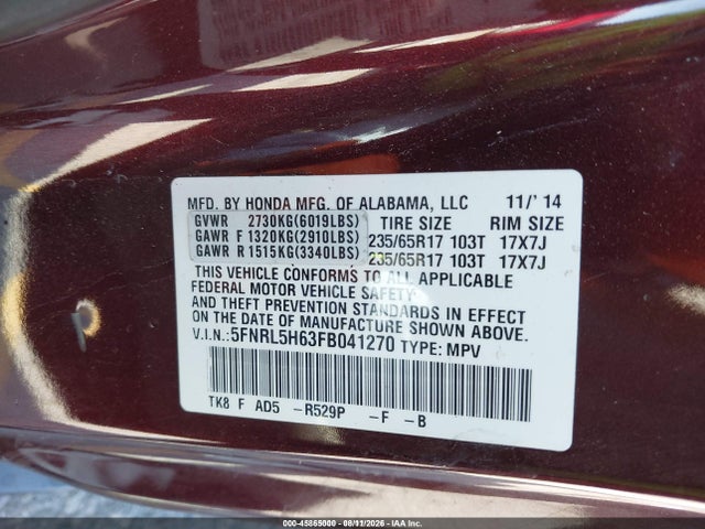 Aukcja sprzedaży 2015 Honda Odyssey Ex-l, vin: 5FNRL5H63FB041270, numer aukcji: 45865000