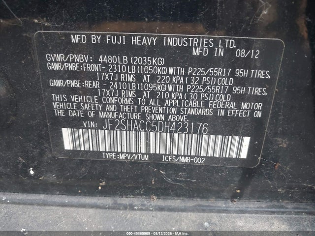 2013 Subaru Forester 2.5x Premium მანქანა იყიდება აუქციონზე, vin: JF2SHACC5DH423176, აუქციონის ნომერი: 45865009