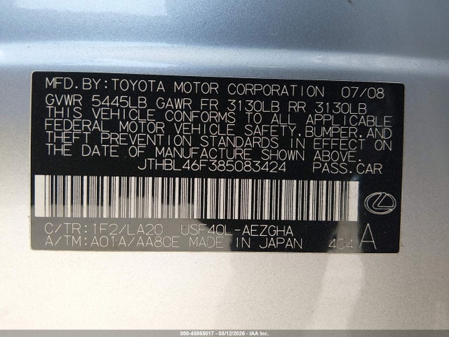 Продаж на аукціоні авто 2008 Lexus Ls 460, vin: JTHBL46F385083424, номер лоту: 45865017