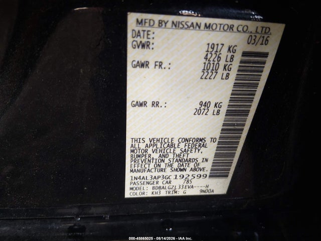 45865025 :رقم المزاد ، 1N4AL3AP3GC192599 vin ، 2016 Nissan Altima 2.5 S مزاد بيع