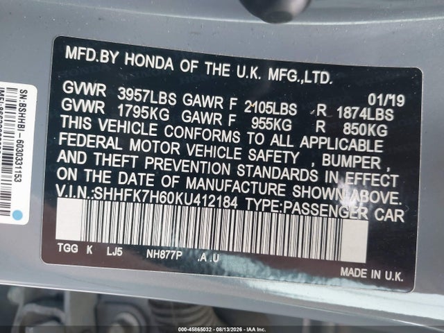 Honda CIVIC EX 2019 SHHFK7H60KU412184 Image 9