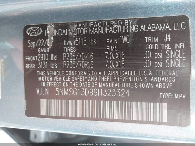 2009 Hyundai Santa Fe Gls მანქანა იყიდება აუქციონზე, vin: 5NMSG13D99H323324, აუქციონის ნომერი: 45865043