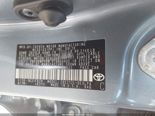 45865046 :رقم المزاد ، 5YFEPMAE8MP168533 vin ، 2021 Toyota Corolla Le مزاد بيع