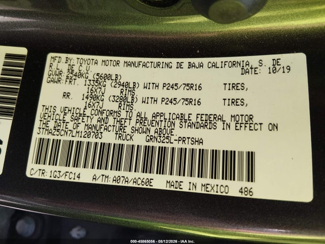 45865056 :رقم المزاد ، 3TMAZ5CN7LM120703 vin ، 2020 Toyota Tacoma Sr5 V6 مزاد بيع