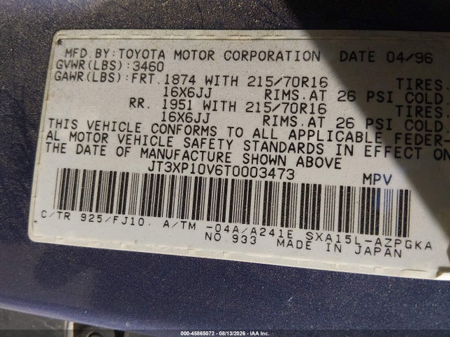 45865072 :رقم المزاد ، JT3XP10V6T0003473 vin ، 1996 Toyota Rav4 مزاد بيع