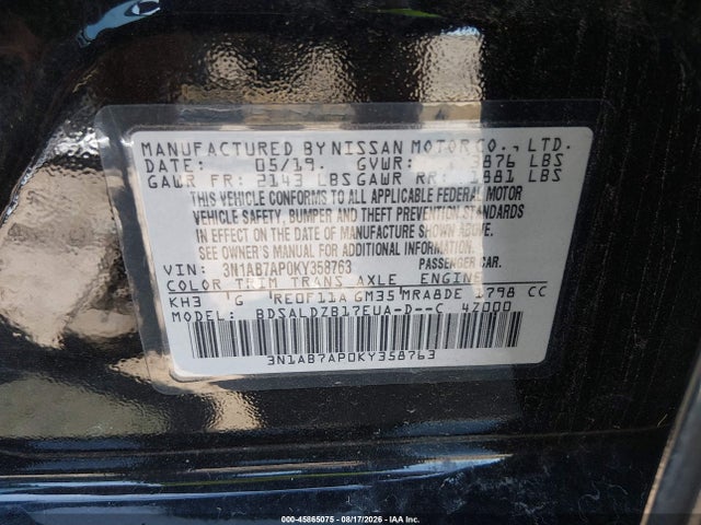 Aukcja sprzedaży 2019 Nissan Sentra Sv, vin: 3N1AB7AP0KY358763, numer aukcji: 45865075