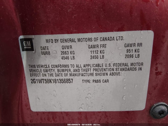 45865076 :رقم المزاد ، 2G1WT58K181356857 vin ، 2008 Chevrolet Impala Lt مزاد بيع