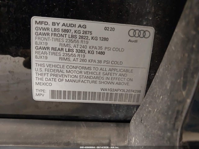 Продаж на аукціоні авто 2020 Audi Q5 Premium 55 Tfsi E Quattro S Tronic, vin: WA1G2AFY3L2074298, номер лоту: 45865084