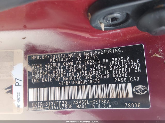 Aukcja sprzedaży 2016 Toyota Camry Se, vin: 4T1BF1FK8GU519379, numer aukcji: 45865085