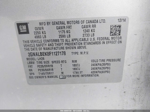 45865105 :رقم المزاد ، 2GNALBEK8F1127178 vin ، 2015 Chevrolet Equinox Lt مزاد بيع