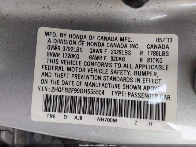 Продажа на аукционе авто 2013 Honda Civic Ex-l, vin: 2HGFB2F99DH555554, номер лота: 45865106
