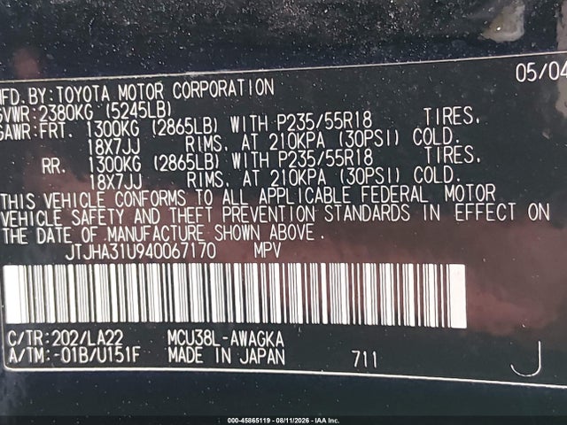 45865119 :رقم المزاد ، JTJHA31U940067170 vin ، 2004 Lexus Rx 330 مزاد بيع