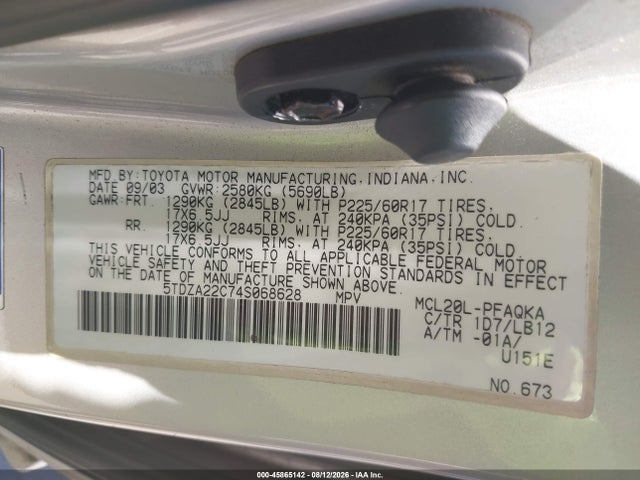 Продаж на аукціоні авто 2004 Toyota Sienna Xle, vin: 5TDZA22C74S068628, номер лоту: 45865142
