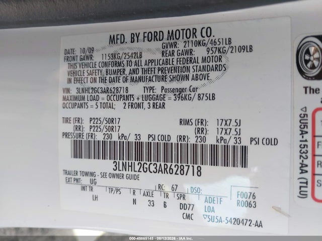 Aukcja sprzedaży 2010 Lincoln Mkz, vin: 3LNHL2GC3AR628718, numer aukcji: 45865145