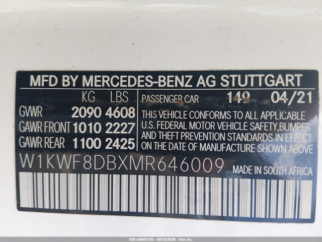 Продажа на аукционе авто 2021 Mercedes-benz C 300 Sedan, vin: W1KWF8DBXMR646009, номер лота: 45865150
