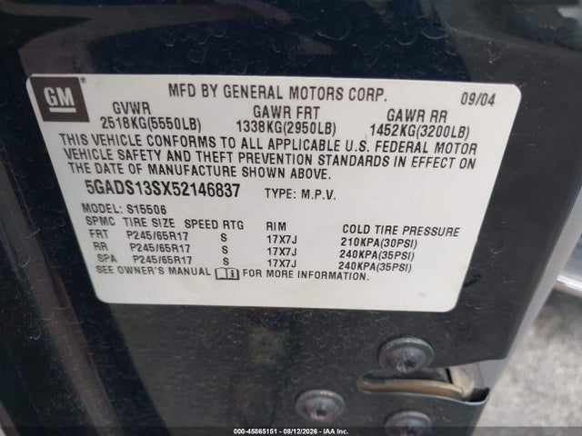 2005 Buick Rainier Cxl მანქანა იყიდება აუქციონზე, vin: 5GADS13SX52146837, აუქციონის ნომერი: 45865151