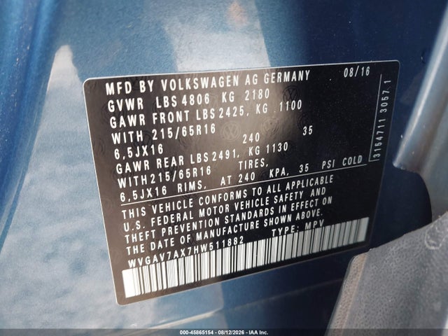 Aukcja sprzedaży 2017 Volkswagen Tiguan 2.0t S, vin: WVGAV7AX7HW511882, numer aukcji: 45865154