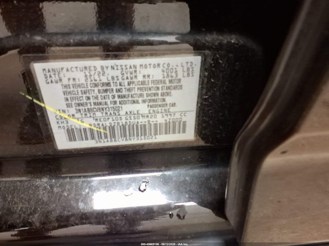 45865156 :رقم المزاد ، 3N1AB8CV8NY315021 vin ، 2022 Nissan Sentra Sv Xtronic Cvt مزاد بيع