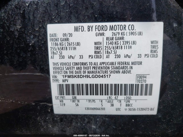 Продаж на аукціоні авто 2020 Ford Explorer Xlt, vin: 1FMSK8DH9LGD04517, номер лоту: 45865157