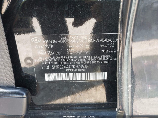 Aukcja sprzedaży 2019 Hyundai Sonata Se, vin: 5NPE24AF7KH735381, numer aukcji: 45865161