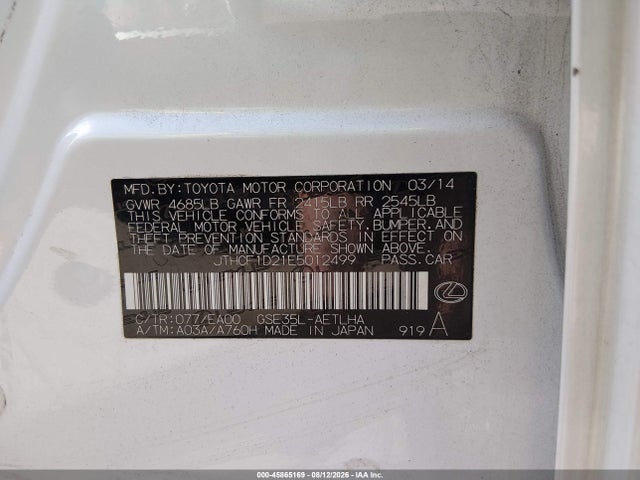 Aukcja sprzedaży 2014 Lexus Is 250, vin: JTHCF1D21E5012499, numer aukcji: 45865169